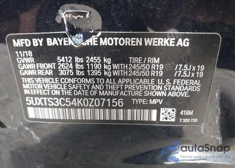 2019 BMW X3 M40I from USA, damaged, VIN 5UXTS3C54K0Z07156